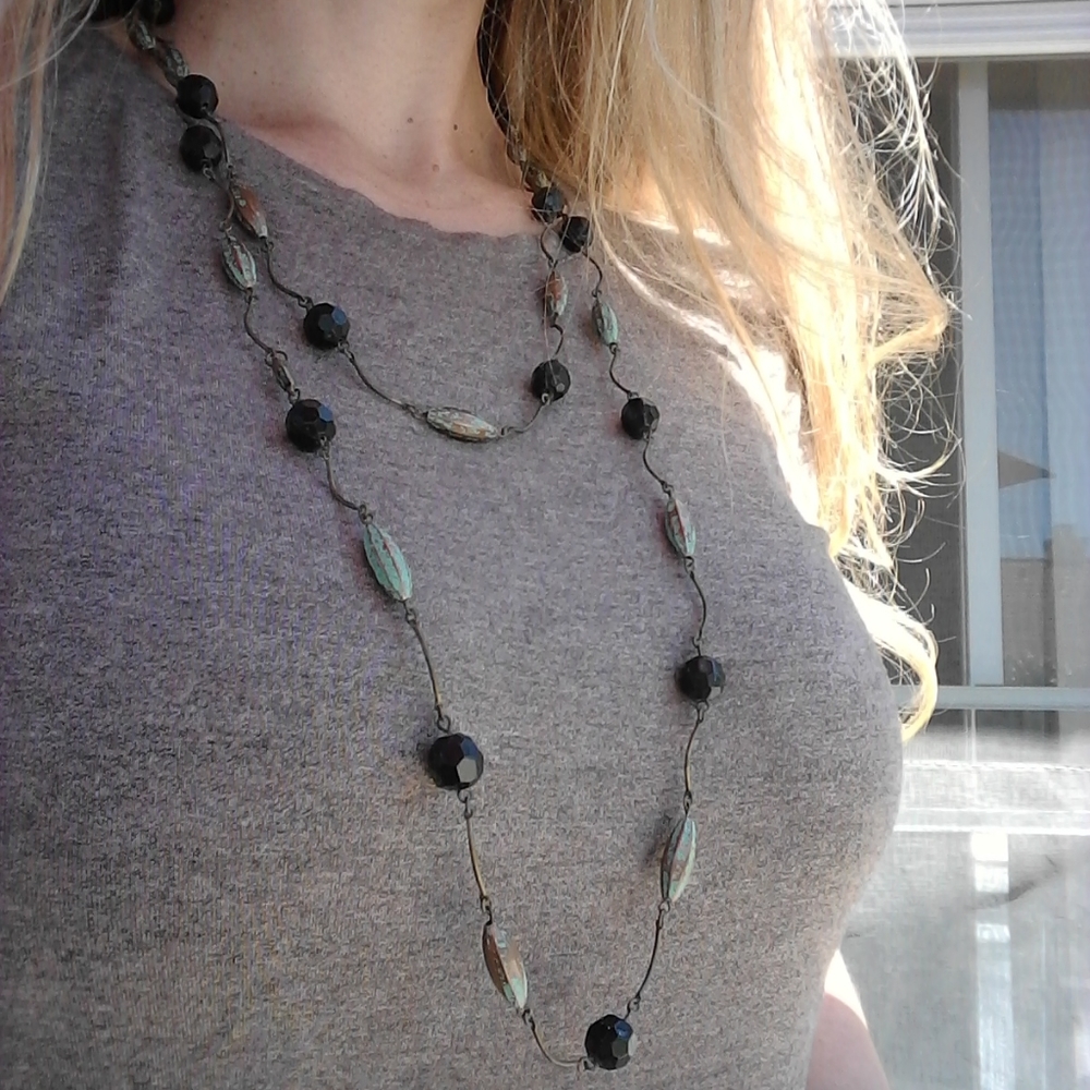 Long Vintage Brass Copper Patina Green Necklace